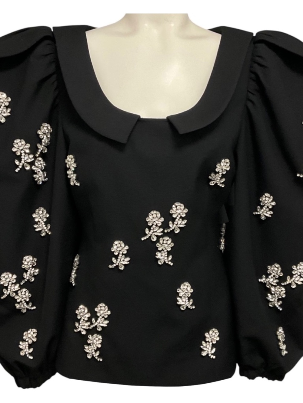 SHUSHU/TONG BLACK CRYSTAL EMBELLISHED PUFF SLEEVE WOOL TOP